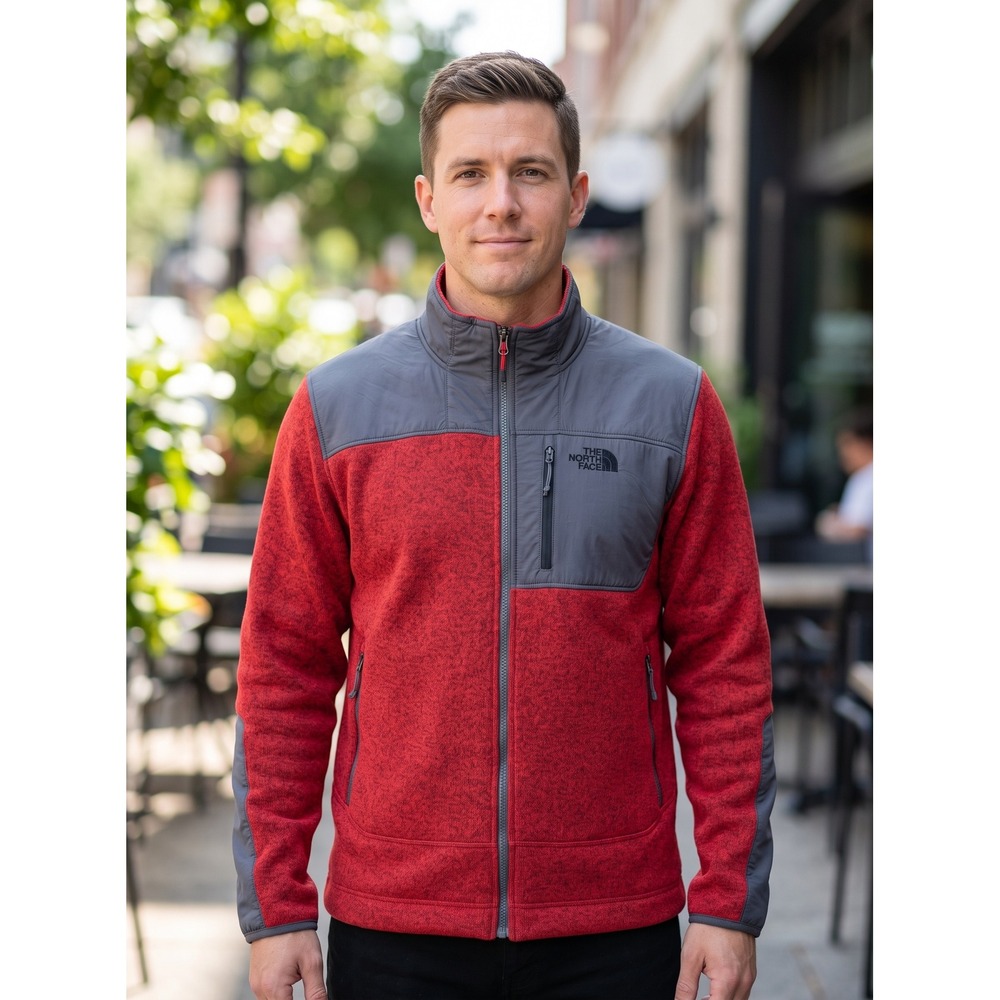 The North Face Mens Gordon Lyons Hybrid Full Zip Sweater Fleece Jacket Red Grey